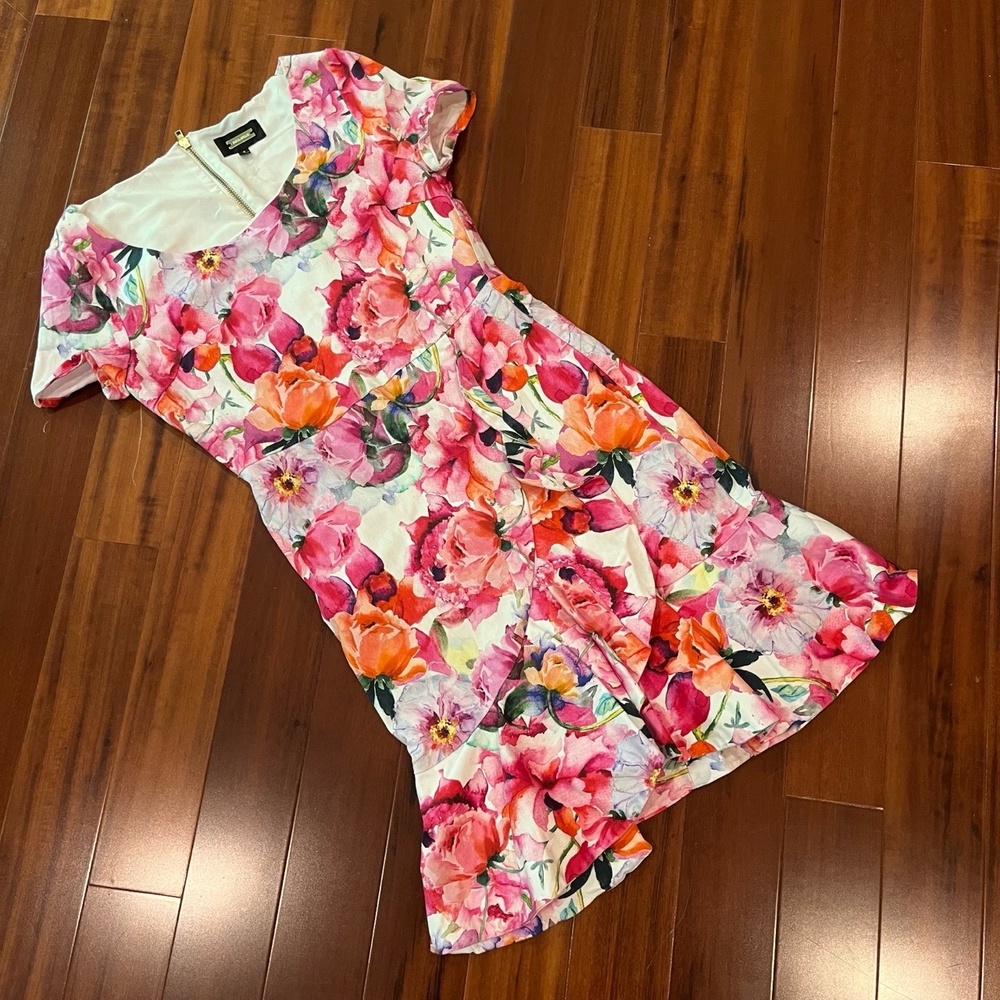 Alexia Admor Pink Multicolor Dress Short Sleeve A-Line Midi Floral Print Size 4